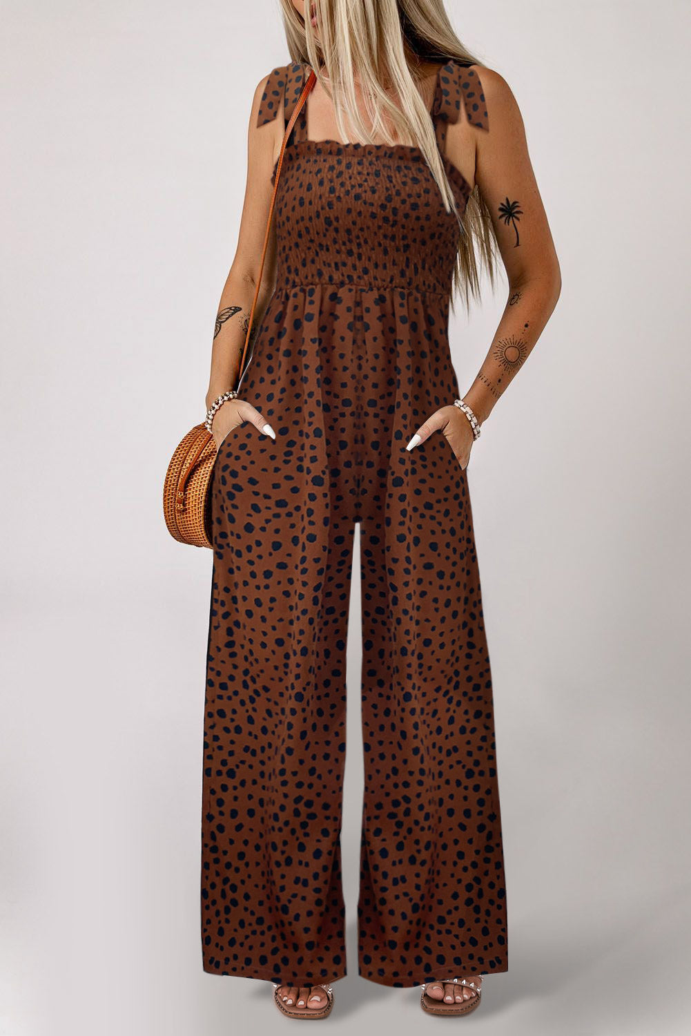 Cheetah Print Smocked Wide Leg Jumpsuit