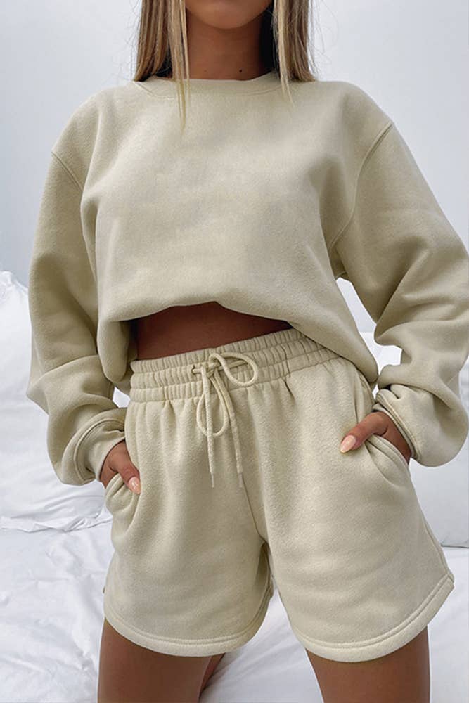 Plain Long Sleeves Sweatshirt and Short 2pcs Set ZK252: Brown / L