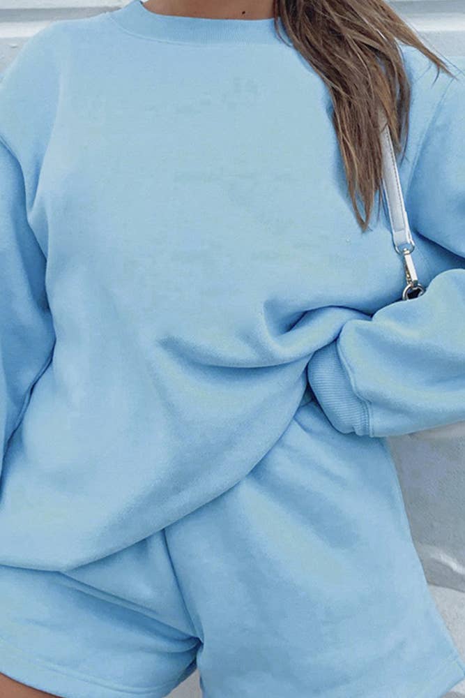 Plain Long Sleeves Sweatshirt and Short 2pcs Set ZK252: Blue / L