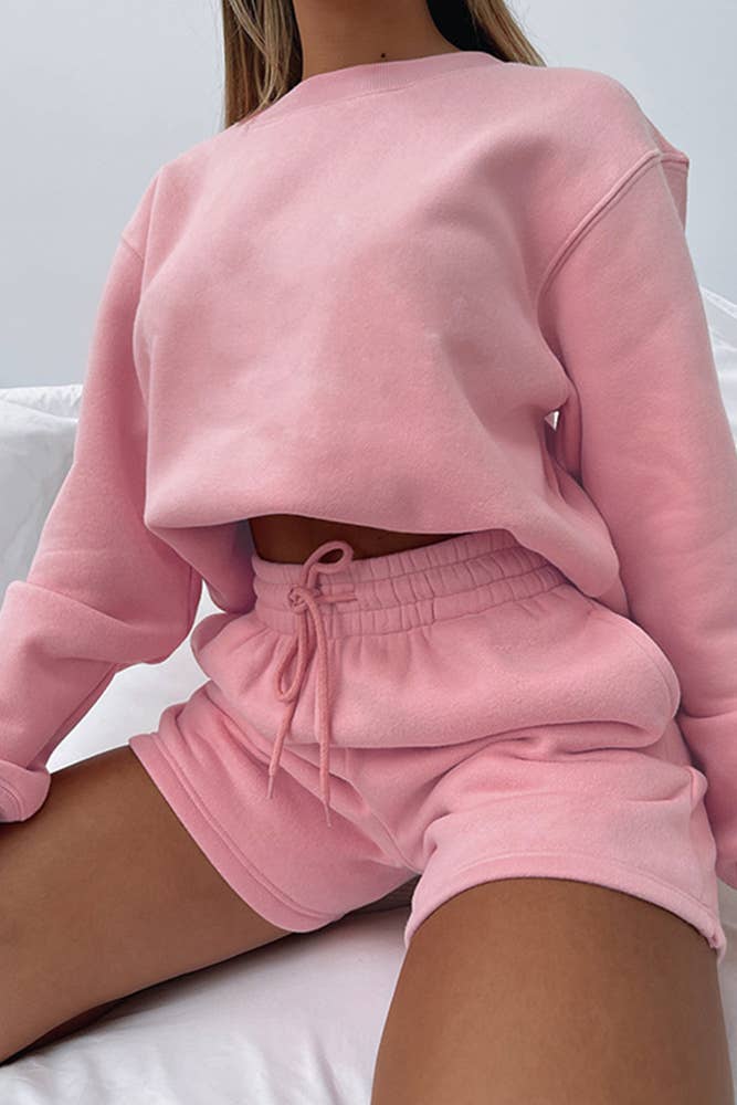 Plain Long Sleeves Sweatshirt and Short 2pcs Set ZK252: Pink / L