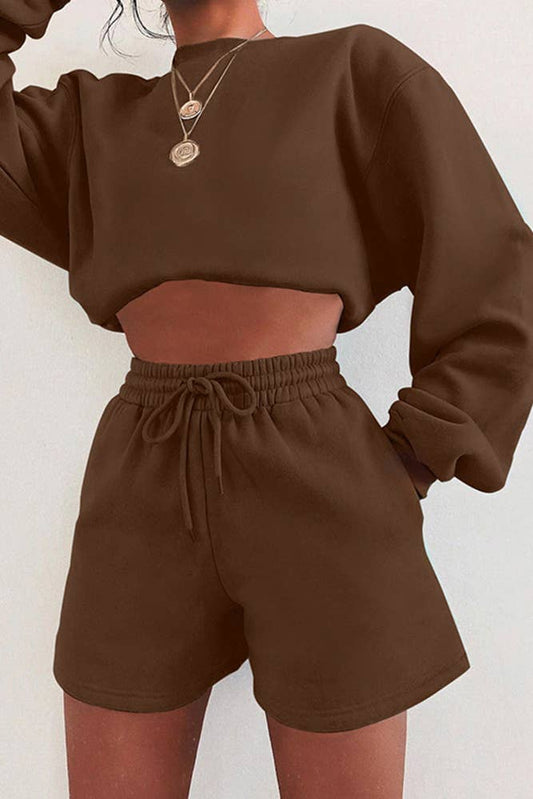 Plain Long Sleeves Sweatshirt and Short 2pcs Set ZK252: Brown / L