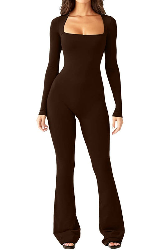 Square Neck Slim Fit One Piece Jumpsuit MSW020: Coffee / L