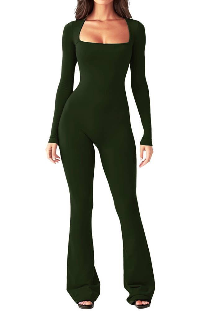 Square Neck Slim Fit One Piece Jumpsuit MSW020: Army Green / L