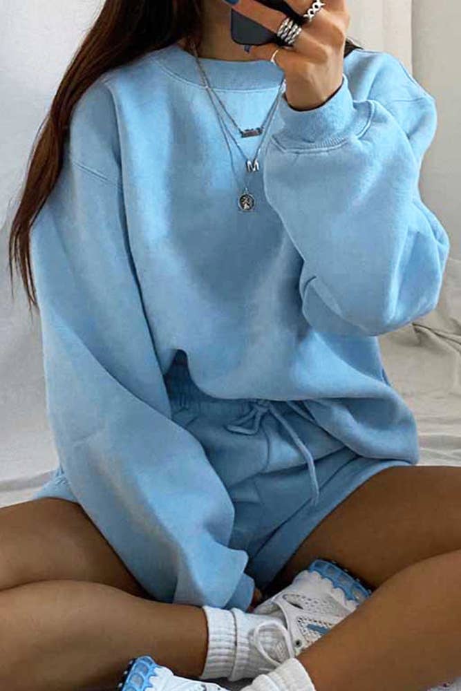 Plain Long Sleeves Sweatshirt and Short 2pcs Set ZK252: Blue / L